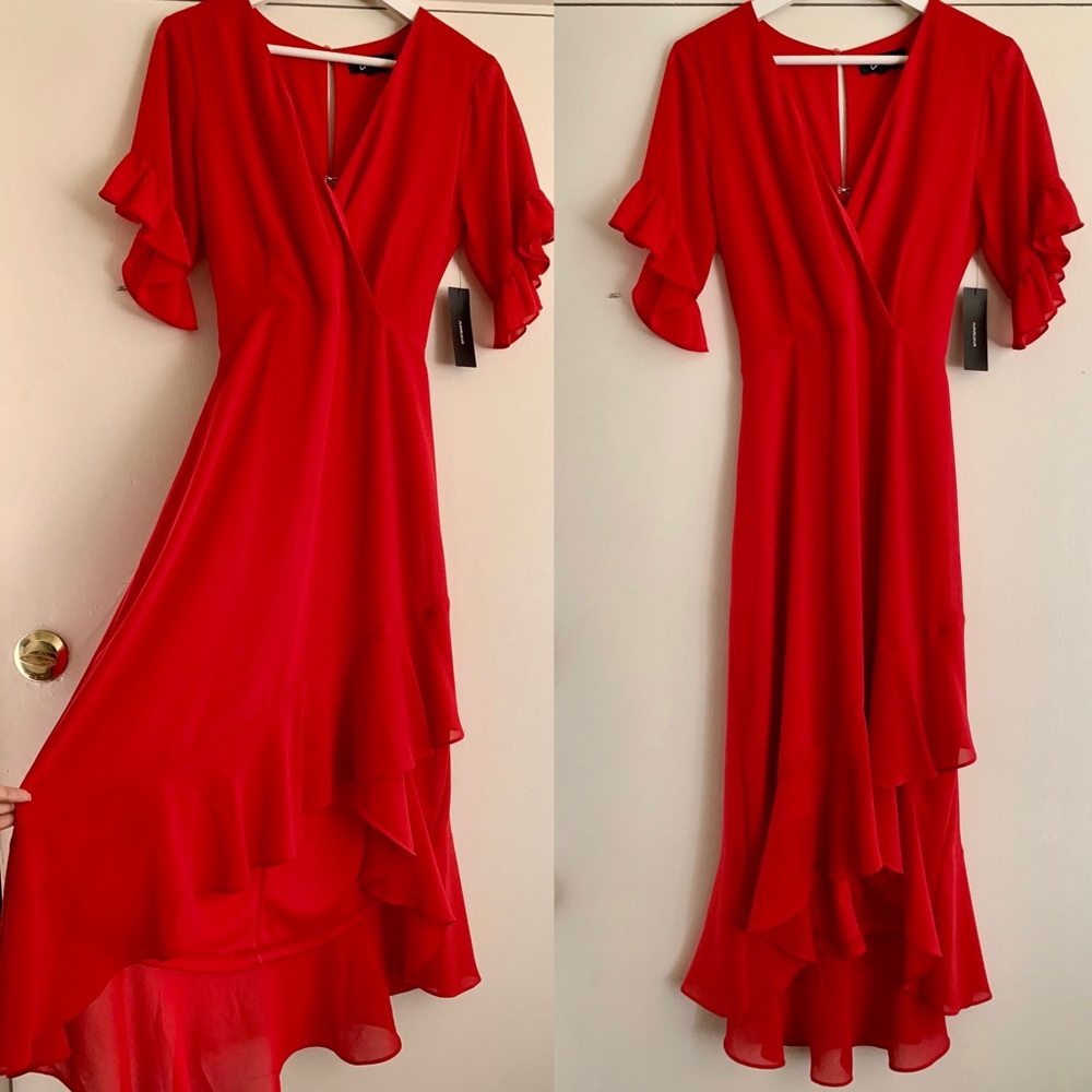 NWT Lulus Red Ruffle Flutter Sleeve Midi Dress